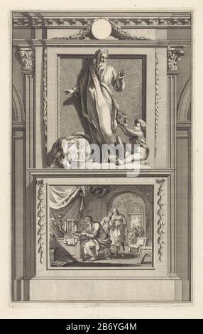 Kerkvader Tertullianus van Carthago le père de l'église Tertullien de Carthage regardant un ange qui lui offre une couronne de laurier. Tertullian se tient sur un socle. Sur le devant une scène Où: Il dans l'un de ses écrits schrijft. Fabricant : printmaker Jan Luyken Print auteur: Zacharias Chatelain (II) au dessin: Jan Goeree lieu de fabrication: Amsterdam Date: 1698 Caractéristiques physiques: Gravure et engraissement; matériau d'épreuvage: Technique du papier: Gravure / engraissement (processus d'impression) Dimensions: Bord de la plaque: H 275 mm × W 171 mmToelichtProefdruk illustration de: Cave, William. Antiquités Apostolique, ou vie ( Banque D'Images