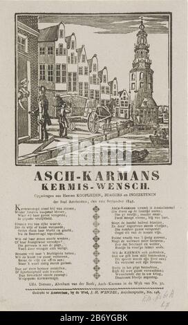 Kermisprent van de Amsterdam Kermis-Wensch voor het jaar 1845 Asch-Karmans Kermis-Wensch 1845 (objet titel op) Fair Print Amsterdam, 1 septembre 1845 au nom des askarrenmannen (karrenman ou ordures) Vue sur l'Oude Schans avec le Montelbaanstoren Amsterdam avec un homme leegkiepert un seau à cendres dans le panier tout en récupère un autre homme à la maison de l'argent. Au bas d'un poème en deux colonnes. Au nom d'Abraham van der Beek, l'askarreman du district no 30. Fabricant :. Printmaker: Imprimante anonyme: Veuve J.H. Wendel (propriété cotée) Lieu de fabrication: Amsterdam Date: 1845 Physica Banque D'Images