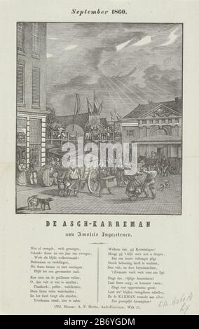 Kermisprent van de Amsterdam askarrenmannen voor het jaar 1860 septembre 1860 de Asch-Karreman aan Amstels Ingezetenen (objet titel op) Fair Print pour le compte des askarrenmannen (karrenman ou ordures) à Amsterdam septembre 1860. Vue sur la foire de Botermarkt The Regular Waag. Sur le marché deux chariots à ordures. Au bas d'un poème en deux colonnes. Au nom de AF Reetra, l'askarreman du district no 21. Fabricant :. Printmaker Dirk Wijbrand Publican (propriété cotée) Lieu de fabrication: Amsterdam Date: 1860 Caractéristiques physiques: Impression de texte avec représentation en bois engrala à la lumière p Banque D'Images