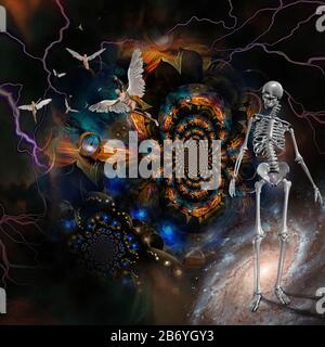 Surréalisme. Les hommes avec ailes symbolisent les anges. Le squelette représente la mort. Rendu tridimensionnel Banque D'Images