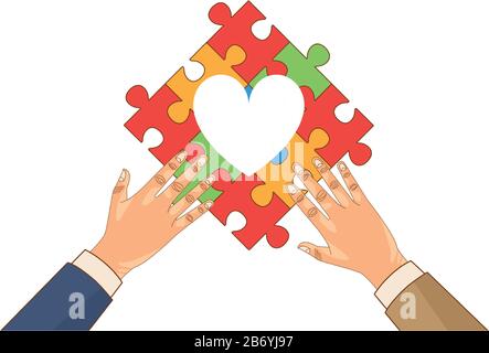 mains humaines avec des pièces de jeu de puzzle de coeur Illustration de Vecteur