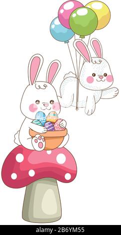 mignons petits lapins avec œufs peints et ballons hélium Illustration de Vecteur