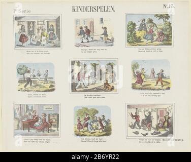Kinderspelen (objet titel op) le prenten de Meijer (objet serietitel op) feuille avec neuf représentations de jeux pour enfants, Où: Choisir parmi les jeux de magasins, les jeux de chevaux, les fleurs, les boules, le bowling, la capture hoop, jouer avec la poupée, la danse autour et jouer le soldat. Sous chaque image, un verset à deux lignes. Numéroté en haut à droite : n° 13. Fabricant : Éditeur: De Ruyter & Meijer Imprimer auteur: Fabrication anonyme: Amsterdam Date: 1873 Caractéristiques physiques: Lithographie de couleur en jaune, vert, orange, rouge et bleu; matériel d'impression de texte: Technique papier: Lithographie de couleur (procédé) / formats d'impression: Elle Banque D'Images