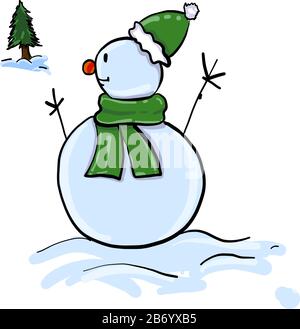 Bonhomme de neige avec foulard vert, illustration, vecteur sur fond blanc. Illustration de Vecteur