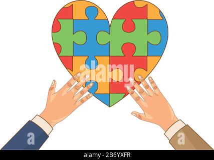 mains humaines avec des pièces de jeu de puzzle de coeur Illustration de Vecteur