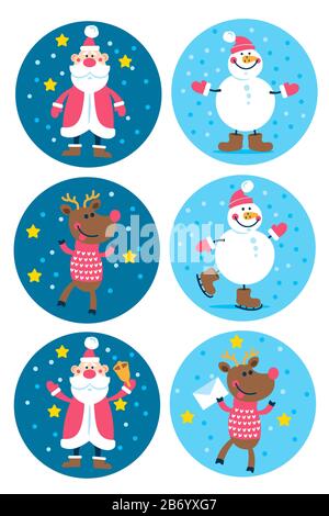 Mignon Noël Noël Personnages De Noël Père Noël, Renne, Bonhomme De Neige. Autocollants d'illustrations vectorielles plats pour votre conception Illustration de Vecteur