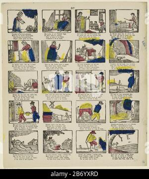 Klein Duimpje Leaf avec 20 scènes de l'histoire de Tom Thumb. Sous chaque image, un verset à deux lignes en néerlandais et en français. Centre supérieur numéroté : 57. Fabricant : Editeur: M. Hemeleers-of Houterprentmaker: Fabrication anonyme: Schaerbeek Date: 1827 - 1894 Caractéristiques physiques: Bois de couleur bleu, jaune et rouge; matériel d'impression de texte: Technique du papier: Bois / couleurs / formats d'impression: Feuille: H 381 mm × W 334 mm Sujet: Contes de fées: Little Thumbling Banque D'Images