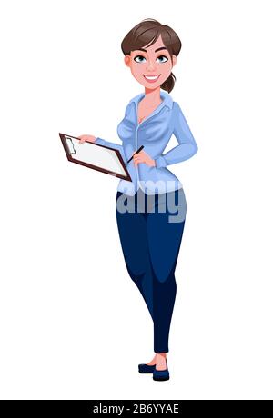 Le personnage de dessin animé de jeune femme d'affaires contient un presse-papiers vide. Jolie femme d'affaires. Illustration vectorielle sur fond blanc Illustration de Vecteur