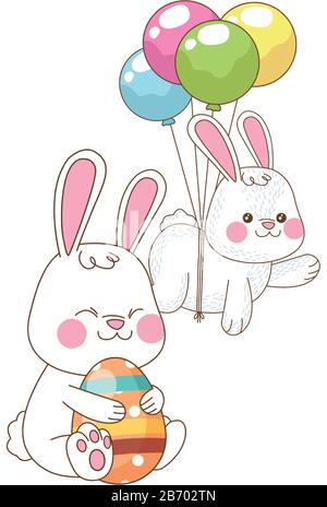mignons petits lapins avec œufs peints et ballons hélium Illustration de Vecteur