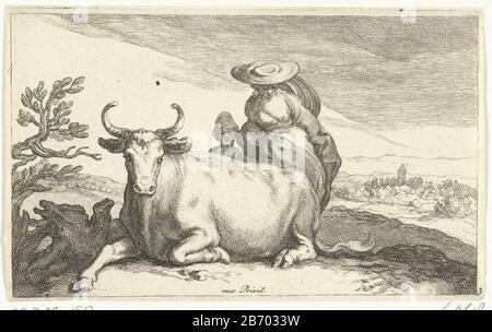 Koe met vrouw en nature Dieren (servietitel) une vache posée en bas. Derrière la vache une femme avec chapeau d'été et un enfant. Imprimez une série de 14 tirages avec différents dieren natifs. Fabricant : printmaker: Frederick Bloemaert à dessin d'Abraham Bloemaert Editeur: Nicolaes Visscher (I) fournisseur de privilèges: États général (propriété listée) Lieu de fabrication: Printmaker: Utrecht Éditeur: Amsterdam Date: Après 1635 - 1670 Caractéristiques physiques: Engrala technique du papier: A (impression) / etch dimensions:::: H 98 mm × W 155 mm Objet : vache Banque D'Images