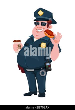 Policier avec café et beignet. Drôle de personnage de dessin animé. Illustration vectorielle isolée sur fond blanc Illustration de Vecteur