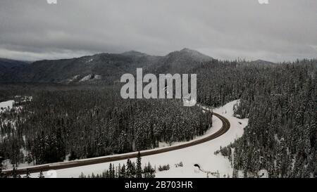 Une route serpente dans la forêt en hiver. Banque D'Images