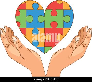 mains humaines avec des pièces de jeu de puzzle de coeur Illustration de Vecteur