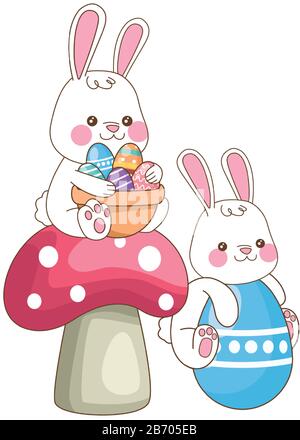 mignons petits lapins avec des œufs peints en champignons Illustration de Vecteur