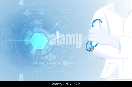 Résumé médecin proche de l'uniforme de robe de laboratoire de l'hôpital avec maintien du concept stéthoscope santé et médical sur fond bleu. Illustration de Vecteur