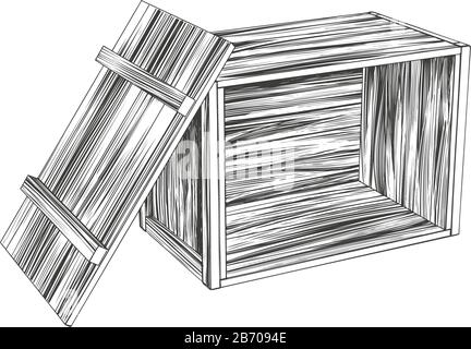 caisses, boîte en bois ouverte, illustration vectorielle dessinée à la main de parcelle réaliste esquisse Illustration de Vecteur