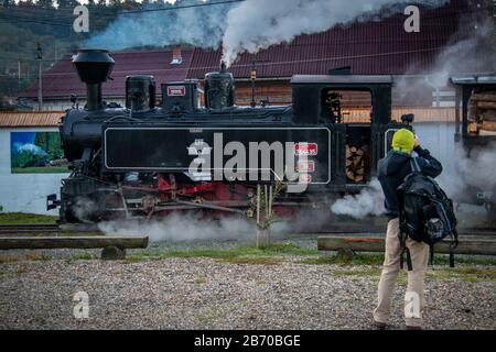 VISEUS DE SUS, ROUMANIE - 10 OCTOBRE 2014: Mocanita, une locomotive à vapeur alimentée par un feu de bois, a Viseu de Sus comme point de départ et fonctionne pour abo Banque D'Images