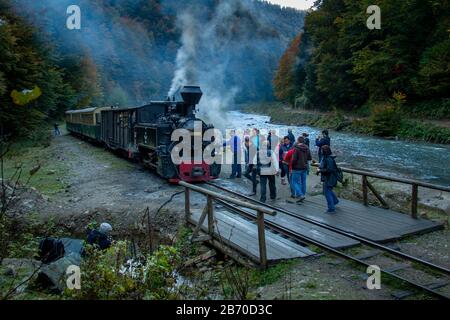 VISEUS DE SUS, ROUMANIE - 10 OCTOBRE 2014: Les inconnus et Mocanita, une locomotive à vapeur alimentée par un feu de bois, a Viseu de Sus comme point d'intérêt de départ Banque D'Images