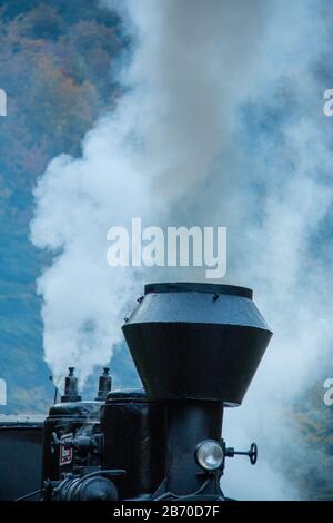 VISEUS DE SUS, ROUMANIE - 10 OCTOBRE 2014: Mocanita, une locomotive à vapeur alimentée par un feu de bois, a Viseu de Sus comme point de départ et fonctionne pour abo Banque D'Images