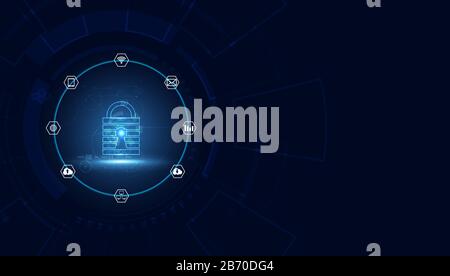 Illustration vectorielle bleue abstraite avec un concept futuriste contre la cyber-menace sous forme d'icônes, comprenant des icônes d'entreprise, des communications, c Illustration de Vecteur