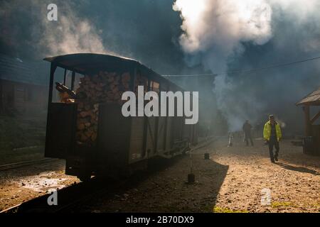 VISEUS DE SUS, ROUMANIE - 10 OCTOBRE 2014: Inconnu et Mocanita, une locomotive à vapeur alimentée par un feu de bois, a Viseu de Sus comme point de départ Banque D'Images