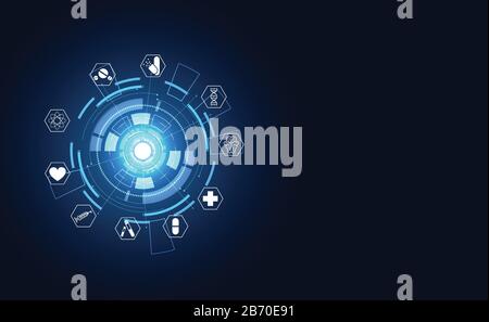 Résumé technologie santé icône modèle de soins de santé médicaux sur HEXAGON sur l'avenir de haute technologie fond bleu. Illustration de Vecteur