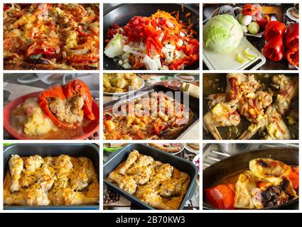 Collage à partir de la photographie de repas avec de la viande de poulet. Le Délicieux dîner avec de la viande diététique de la poule. Protection chaude;garder sur la table de cuisine Banque D'Images