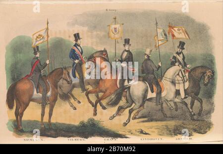 Kostumen en vaandels van de erewachten van Nijmegen, Tilburg, grave, Eindhoven en Arnhem, 1840-1842 II Groep (objet op titel) costumes et bannières des gardes civils d'honneur de Nimègue, Tilburg, grave, Eindhoven et Arnhem, 1840 1842. Cinq hommes à cheval, avec quatre bannières. Illustration dans un livre avec neuf assiettes de vêtements portés par le burgererewachten lors de la visite du roi William II dans cette ville après son inauguration en 1840. Fabricant : printmaker: Imprimante anonyme Joannes Ferdinandus Demelinne jr.uitgever Joannes Ferdinandus Demelinne jr.Plaats fabrication : machine à imprimer: Banque D'Images