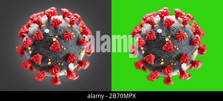 Vue microscopique du coronavirus avec écran vert. Cellules flottantes du virus de l'influenza. Dangereux virus de la ncov corona asiatique, concept de pandémie du SRAS. rendu tridimensionnel Banque D'Images