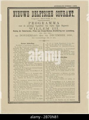 Krant met een artikel over de begrafenis van Willem III, koning der Nederlanden, op 4 december 1890 Nieuwe Delftsche Courant (titre op object) Journal dans un article sur les funérailles de William III King of the Netherlands, le 4 décembre 1890Nieuwe Delftsche Courant (titre object) Type de bien: Journal Numéro d'article: RP-P-OB-105.664 Fabricant : imprimante: Brouwer & Co (bâtiment classé) éditeur: Brouwer & Co (propriété cotée) Lieu de fabrication: Delft Date: 4 déc 1890 Caractéristiques physiques: Matériel d'impression de texte: Papier technique: Typographie dimensions: Feuille: H 301 mm × W 236 mm Objet: Fune Banque D'Images