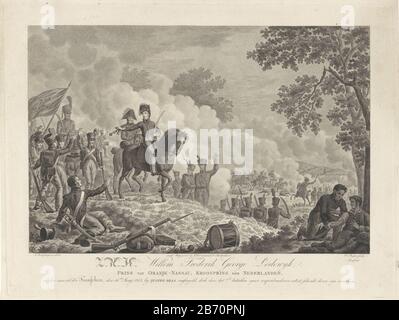 Kroonprins Willem Frederik George Lodewijk bij quatre bras le prince héritier Willem Frederik George Louis, plus tard roi Voulant II, grâce au 7ème bataillon du cheval qui l'efface au quatre bras, où: Les Français l'entourent hadden. Fabricant : printmaker Dirk Sluyter (propriété listée) au dessin: Jan Kamphuijsen (objet listé) éditeur: J. Groenewoud (propriété listée) Lieu de fabrication: Amsterdam Date: Le ou après 1815 Caractéristiques physiques: Gravure, travail à crépler; matériel d'épreuvage: Technique du papier: Gravure / travail en pointillés / engraa (processus d'impression) mesures: Bord: H 360 mm × l 478 Banque D'Images
