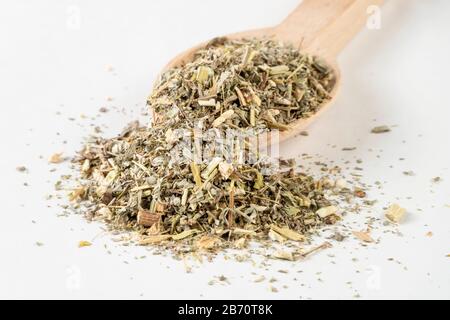 Herbe de wormwood ou dans l'herbe d'Absinthii herba latine dans la cuillère en bois isolée sur fond blanc. Herbes médicinales de guérison. Médecine de fines herbes. Médicament alternatif Banque D'Images