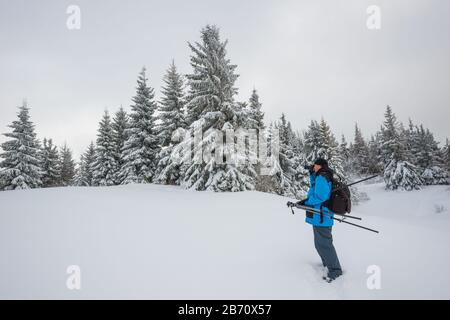 Vue arrière d'un photographe de voyage photographiant une forêt enneigée debout dans une neige et dans le brouillard lors d'une journée hivernale glaciale. Concept de voyage d'un natu Banque D'Images