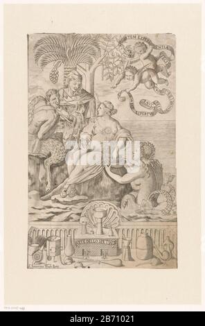 Kunst van de farmacie Arte dello Spetiale (objet op titel) une scène allégorique avec une femme assise sur une île. Sur sa poitrine apparaît un soleil. La femme prend ses bijoux d'une coquille qui est offerte par un Nereid. A quitté un satyr et une femme plus âgée. En arrière-plan un palmier dans le ciel deux putti avec des bandes. Au bas du titre et de l'objet pharmaceutique. Fabricant : print maker: F. Severinus (indiqué sur l'objet) Lieu de fabrication: Italie Date: 1550 - 1599 Caractéristiques physiques: Gravure et engrara matière: Papier technique: Gravure / engraa (impression) mesures: Elle Banque D'Images