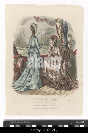 Twee vrouwen, à japonnen van Fladry, a rencontré hoeden van Mme Delobre, kijken naar de paardenrennen. De queu van de japon links wordt opgehouden porte een ketting. Prent it het modetijdschrift la mode (1860-1937). Fabricant : préfabricant: Jean-Baptiste Réville (vermeld op object)naar tekening van: Anaïs Colin-Toudouze (vermeld op object)drukker: Gilquin (vermeld op object)Plaats fabricación: Parijs Dating: 1876 Physical kenmerken: Grasure, met de main gekleurd Material: Paper der der hörn × Levermäussern: mode Banque D'Images
