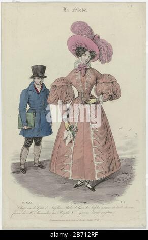 La mode, 1830, Pl 35, T 2 chapeau de gros de Naples () chapeau 'gros de Naples. Gawn 'gros de Naples, 'orné de' tulipe de Soie. Autres accessoires: Boucle de ceinture, chatelaine, bracelets sur les deux poignets, gants, mouchoirs, chaussures plates avec bretelles croisées et orteils carrés (?). Groom vêtu d'une livery ou d'une habitée anglaise. Imprimez le magazine de mode la mode (1829-1855) . Fabricant : printmaker: Vittore Pedretti (bâtiment classé) pour le dessin Henri Gérard font Allard (propriété cotée) Lieu de fabrication: Paris Date: 1830 Caractéristiques physiques: Acier engraa, crépi engraa, gravure et couleur à la main Banque D'Images