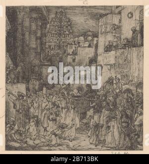Une femme est transportée de l'autre côté de la rue par quatre hommes dans un palanquin. À l'entraîneur sur il y a une foule, Où: Parmi deux coureurs à cheval, des figures qu'un tour d'éléphant, une femme voilée et un mendiant. En arrière-plan un tempel. Fabricant : Print Maker: Marius Bauer (signature personnelle pratique) Date: 1894 Caractéristiques physiques: Correction de ton de gravure et de ton de plaque matériau noir de craie élevé: Technique de craie de papier: Gravure / mesure de ton de plaque: Bord de plaque: H 281 mm × W 222 mmToelichtingBauer a fabriqué cette gravure pour illustrer le poème en prose Akëdyszéril Villiers de l'Isle Adam, qui par Banque D'Images