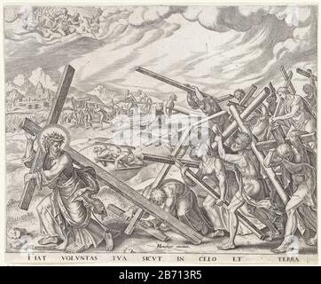 Laat uw wil gedaan worden op aarde zoals in de hemel Onze Vader (serietitel) les hommes et les femmes portent leur croix et suivent Christ qui est devant sa croix. Dans les nuages Dieu le Père entouré d'anges. La légende latine fait partie de la prière à Notre Vader. Fabricant : printmaker John Who: Rixnaar design: Maarten van Heemskerck (bâtiment classé) éditeur: Philips Gall Lieu fabrication: Anvers Date: 1569 - 1573 Caractéristiques physiques: Matériel automobile: Technique du papier: Engrala (processus d'impression) Dimensions: Feuille: H 206 mm × W 251 mm Sujet 'ton sera fait sur terre, comme il est dans le ciel ' le Banque D'Images