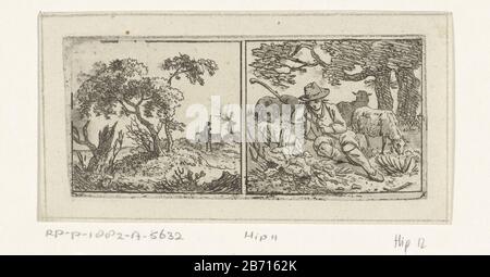 Landschap en herder Deux paysages sur une feuille. A laissé un paysage dans l'arrière-plan une personne à cheval. Sur la droite, un berger de repos avec son chien et deux moutons dans l'herbe près de deux abdomen. Fabricant : machine à imprimer: Hermanus FockPlaats fabrication: Amsterdam Date: 1781 - 1822 Caractéristiques physiques: Gravure et aqua teinte, feuille non coupée: Technique du papier: Gravure / aquarint dimensions: Bord de la plaque: H 45 mm × W 98 mm Sujet: Herding, herdsman, herdswoman, berger, bergers, troupeau, etc Banque D'Images