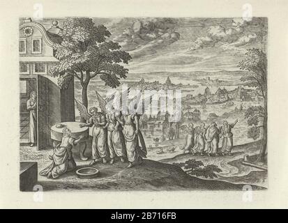 Abraham s'agenouille devant les trois anges et les accueille dans sa maison. Sara debout à la porte de la maison. En arrière-plan Abraham conduit les anges à Sodome. La ville de Sodome dans la distance. L'imprimé fait partie d'une série de quatre parties de paysages représentant des scènes de l'ancien et du Nouveau Testament. Fabricant : printmaker Julius Goltzius à concevoir: Hans Boluitgever J. JanssoniusPlaats fabrication: Anvers Date: 1560 - 1595 Caractéristiques physiques: Matière automobile: Technique du papier: Engraa (processus d'impression) Dimensions: Bord de la plaque: H 115 mm × W 163 mm Sujet Abraham pétrels devant les anges d'abraham Acco Banque D'Images