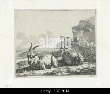 Landschap a rencontré bok en twee schapen Mountain paysage avec deux moutons inclinables et une chèvre. Sur le sentier en arrière-plan un berger avec son kudde. Fabricant : printmaker Frédéric Théodore Faber (propriété cotée) à la peinture: Balthasar Paul Ommeganck (propriété cotée) Lieu de fabrication: Printmaker: Bruxelles à la peinture: Anvers Date: 1828 - 1831 Caractéristiques physiques: Gravure sur chine collé matériel chine collé: Technique gravure dimensions: Bord: H 148 mm × W 189 mm Sujet: HE-billy chèvre Banque D'Images