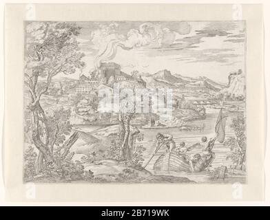 Landschap met boot met vissers en een luitseler Paysage avec bateau avec pêcheurs et un lute Player type d'objet: Photo Numéro d'article: RP-P-2012-109-47 Inscriptions / marques: Stamp, verso fabricant de fabrication: Printmaker Giovanni Francesco Grimaldi (possible) à concevoir: Titian (inscrit sur l'objet Dating: CA. 1685 - env. 1695 Caractéristiques physiques: Matériel de gravure: Papier technique: Dimensions de gravure: H 343 mm × W 473 mm Sujet: Lac (+ paysage avec chiffres, étalage), pêche en eau douce personne jouant instrument à cordes (plucked) - CC - out ou by Banque D'Images