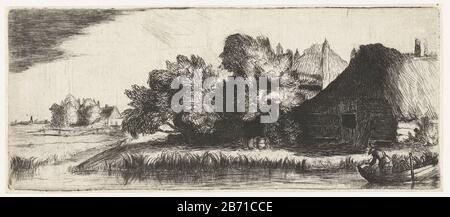 Landschap a rencontré een boerderij Paysage avec deux fermes. Un fossé avec un homme dans un bootje. Fabricant : printmaker: Nicolaes Anthoni Flinck (attribué à) printmaker Rembrandt van Rijn (attribution rejetée) Lieu de fabrication: Pays-Bas Date: 1656 - 1723 Caractéristiques physiques: Gravure et matières sèches: Papier technique: Gravure / taille de l'aiguille sèche: Bord de la plaque: H 74 mm × W 176 mm Objet: ferme ou maison solitaire dans le paysage et Banque D'Images