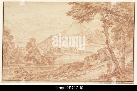 Landschap met een dorp aan het water Paysage avec un village bord de mer type de bien: Dessin Numéro d'objet: RP-T-1918-13 Inscriptions / marques: Date, droite: '1736' Fabricant : artiste: Français Baudouin Date: 1736 Caractéristiques physiques: Rouge craie matériau: Papier dimensions: H 192 mm × W 310 mm Objet: Montagne Banque D'Images