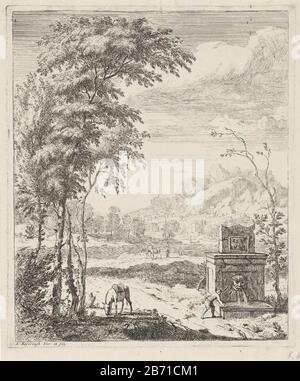 Landschap a rencontré een fontein en een ezel Landschappen (servietitel) Paysage avec une fontaine, Où: Coule dans l'eau du mur dans un bassin. C'est un homme. Gauche un âne de pâturage et fond bergen. Fabricant : printmaker Albert Meyeringh (bâtiment classé) dans son dessin: Albert Meyeringh (bâtiment classé) éditeur: Albert Meyeringh (possible) Lieu de fabrication: Amsterdam Date: 1695 - 1714 Caractéristiques physiques: Matière de gravure: Papier technique: Dimensions de gravure: Bord de la plaque: H 244 mm × W 206 mm Objet: utilitaire, pompe à eau publique ou fonderie, montagne âne Banque D'Images