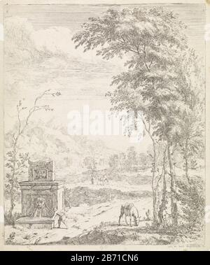 Landschap a rencontré een fontein en een ezel Landschappen (servietitel) Paysage avec une fontaine, Où: Coule dans l'eau du mur dans un bassin. C'est un homme. Gauche un âne de pâturage et fond bergen. Fabricant : printmaker Albert Meyeringh (bâtiment classé) dans son dessin: Albert Meyeringh (bâtiment classé) éditeur: Albert Meyeringhats fabrication: Amsterdam Date: 1695 - 1714 Caractéristiques physiques: Matériel de gravure contre-pression: Technique papier: Dimensions contre-pression: Feuille: H 245 mm × W 207 mTegenafdruk staat. Objet: Utilitaire, pompe à eau publique ou fonderie, moun Banque D'Images