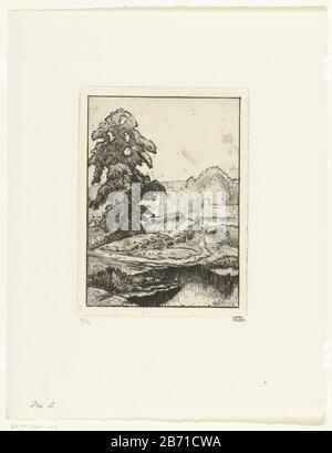 Landschap a rencontré een grote boom Paysage avec le chemin vers une maison et un grand arbre . Fabricant : printmaker: Lucien Pissarro (bâtiment classé) Daté: 1873 - 1944 Caractéristiques physiques: Gravure et aquatint matériau: Papier technique: Gravure / aquatint dimensions: Bord de la plaque: H 149 mm × W 110 mm Sujet: Paysages dans la zone tempérée Banque D'Images