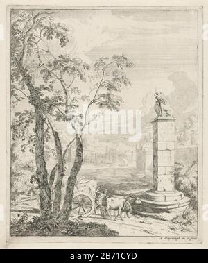 Landschap a rencontré een hooiwagen en een monument Landschappen (servietitel) Dans un paysage conduire un hooiwagen, tiré par deux steers, avec une colonne gagnante de lion. En arrière-plan une ville sur un Meer. Fabricant : printmaker Albert Meyeringh (bâtiment classé) dans son dessin: Albert Meyeringh (bâtiment classé) éditeur: Albert Meyeringhats fabrication: Amsterdam Date: 1695 - 1714 Caractéristiques physiques: Gravure et engring matériau: Technique papier: Gravure / Plaengrara (processus d'impression) mesures: Bord de la plaque: H 245 mm × W 204 mm Sujet: monument de wagon de foin, bêtes de statue de proie, animaux prédateurs : li Banque D'Images