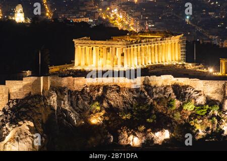 L'Acropole d'Athènes la nuit Banque D'Images