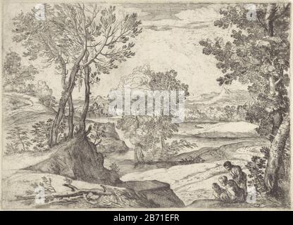 Landschap a rencontré een vrouw, homme en nature un grand paysage fluvial avec le premier plan droit un homme, une femme et un enfant. Au premier plan à gauche, une flèche tombée. Fabricant : printmaker Giovanni Francesco Grimaldi Lieu de fabrication: Italie Date: 1643 Caractéristiques physiques: Matériau de gravure: Technique du papier: Gravure Dimensions: Feuille: H 280 mm (bord de la plaque de coupe intérieure.) × W 386 mm (bord de la plaque de coupe intérieure.) Sujet: Famille des paysages fluviaux, relation, descente Banque D'Images